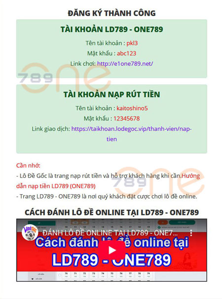 ONE789 đăng ký thành công